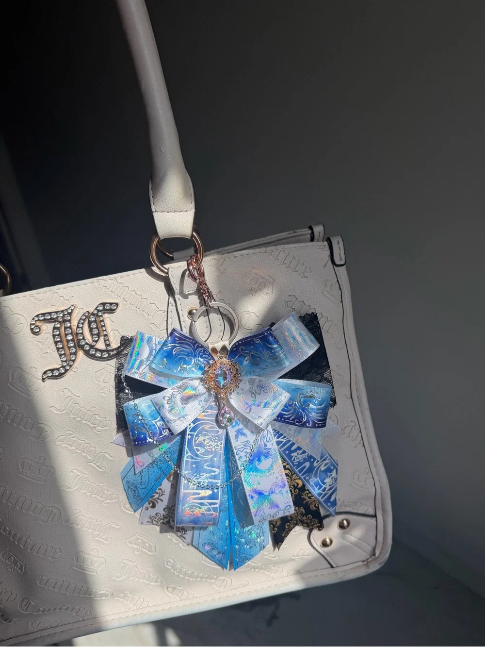 Decorative Blue Ribbon Bag Charm with Crystal Accent